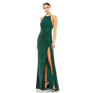 Ieena for Mac Duggal Sequined Halter Open Back Gown in Bottle Green Size 6 NWOT